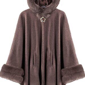 Dahlia Women's Winter Poncho Cape with Faux Fur Trim & Fleece Lined
